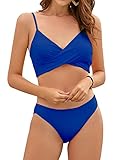 SHEKINI Damen Bikini-Set Crossover Design Bikini Gerippt Neckholder Oberteil Verstellbarer Schultergurt Badeanzüge Zweiteiliger Triangle Bikinihose Bademode (XL, Königsblau)