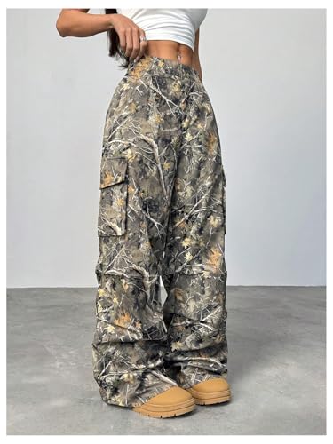OYOANGLE Women's Camo Print Baggy Cargo Pants Elastic Waist Flap Pocket Straight Leg Trousers Streetwear3