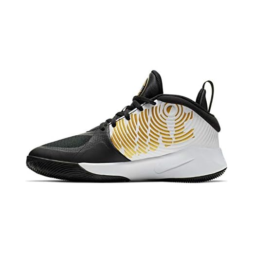 Nike Unisex-Kid's Team Hustle D 9 Grade School Basketball Shoe, Black/Metallic Gold-White, 7Y Youth US Big Kid