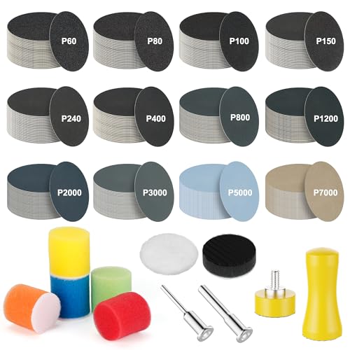 372pcs 1 Inch Sanding Discs, Hook and Loop Abrasive Pads for Drill & Rotary Tool, 60-7000 Grit Wet and Dry Sandpaper, Polishing Kit for Metal, Wood, Paint, Auto, Glass, Resin
