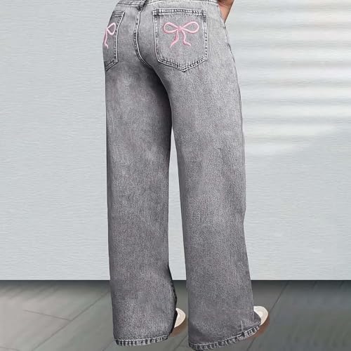Bow Jeans for Girls Baggy Jeans Wide Leg Denim Pants High Elastic Waisted Trouser Kids Cute Clothes Y2k Outfits with Pockets3