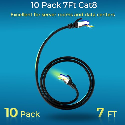 Rapink Patch Cables Cat8 7ft 10 Pack Slim, Cat8 Ethernet Patch Cable 40G Support, Snagless Cat 8 Patch Cable for Patch Panel to Switch, Flexiable Cat 8 Ethernet Cable Datacenter with Gold Plated