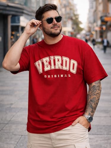 Image of Veirdo 100% Pure Cotton Oversized Fit Drop Shoulder Aesthetic Front Chest Typo Graphic Printed T-Shirt for Men (Sizes : 2XL to 5XL)