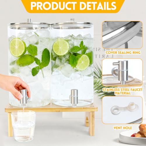 2 x 6L Getränkespender mit Ständer, Getränkespender aus Glas mit Zapfhahn aus massivem Edelstahl für geeiste Säfte, Wasser, hausgemachte Getränke, Partys, Hochzeiten