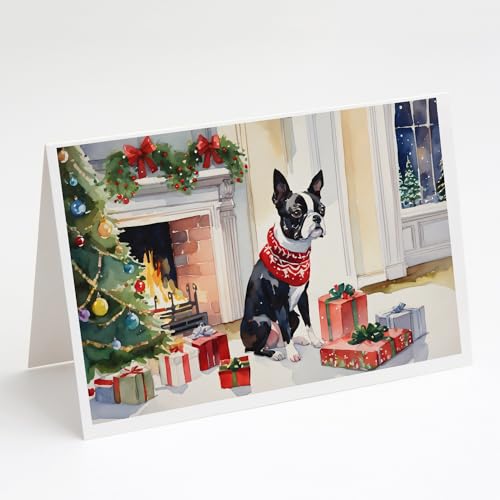 Caroline's Treasures DAC2618GCA7P Boston Terrier Cozy Christmas Greeting Cards Pack of 8 Blank Cards with Envelopes Whimsical A7 Size 5x7 Blank Note Cards