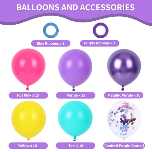 Image of RUBFAC Pink and Purple Balloon Bithday Balloons, 65pcs 12 Inches Purple Metallic Teal Yellow Confetti Party Balloons for Magic Hunters Theme Birthday Baby Shower Decoration