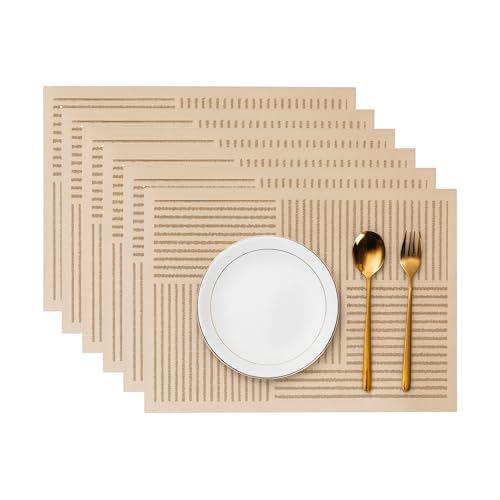 Image of YELONA Leather Dining Table Placemats Set of 6 - Waterproof, Heat Resistant, Anti-Slip, Easy to Clean Table Mats for Dining Table, Kitchen & Home Decor (Tan Beige, 40 x 30 cm)
