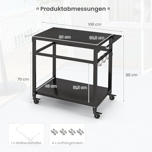 FANTASK Chariot de Barbecue d'extérieur avec 2 étagères, 4 roulettes et Crochets, Table d'appoint pour Barbecue, Chariot de Jardin, Chariot de Jardin pour l'extérieur, Noir