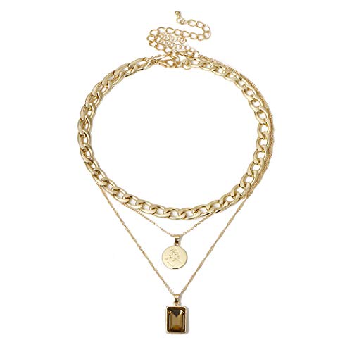 Drecode Punk Layered Necklace Gold Crystal Thick Chain Coin Short Chunky Necklaces Jewelry for Women and Girls