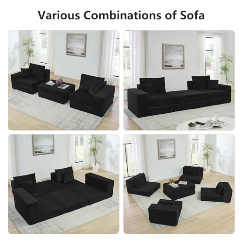 Image of Modular Boneless Floor Couch, Modern Cozy Corduroy Cloud Loveseat Couch with Ottoman, Memory Foam, Convertible Sleeper Sofa Bed for Living Room, Small Spaces, Assembly Free, Black