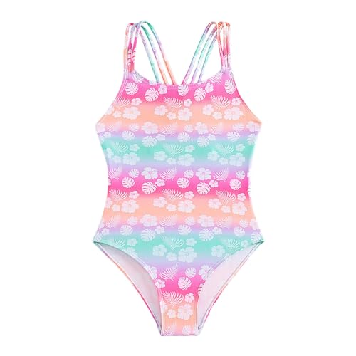 Girls Swimsuit Teens One Piece Tie Dye Criss Cross Back Rainbow Bathing Suits Kids Cute Floral Beach Swim Swimwear
