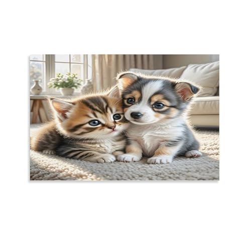 Oeuvre d'Art Murale Chiot Chaton Corgi sur Toile Décorative 60x90