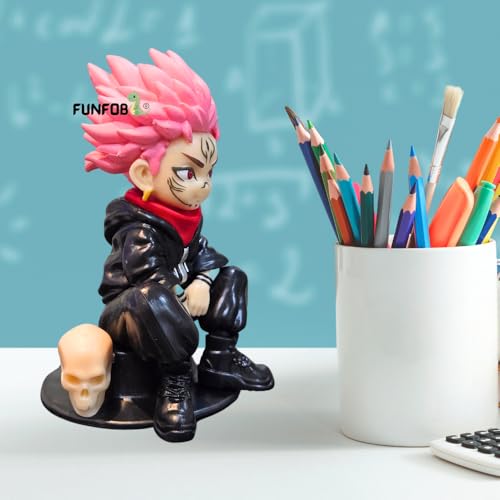 Image of FUNFOB Jujutsu Kaisen Yuji Itadori Action Figure Height - 12cm Collectible for Anime Fans Manga Weeb PVC Multicolour | Yuji Sitting Skull