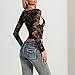 Women Long Sleeve Lace Top Sheer Floral Lace Low Cut Crop Top and Bralette Set Y2K Going Out Tops Clubwear (Black, M)