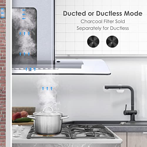 Image of Range Hood 30 Inch, Tieasy Wall Mount Kitchen Hood with Ducted /Ductless Convertible Duct, Stainless Steel Chimney and Aluminum Filters, LED Lights, 3 Speed Fan, Push Button