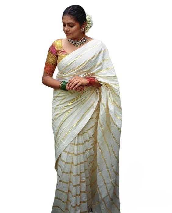 LOVENANT Golden Lines Cotton Kerala Saree - Indian Women's Collection