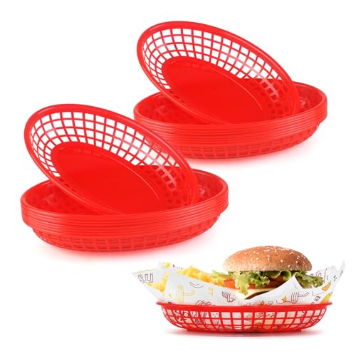 JJWNMLL 16 cestas de comida, canasta ovalada de plástico reutilizable, cestas de comida para hamburguesas, sándwiches, papas fritas, barbacoas, picnics, fiestas (‎Rojo 16pcs)