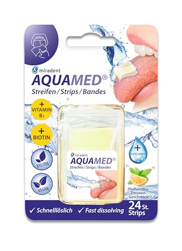 miradent AQUAMED® Streifen gegen Mundtrockenheit | 24 Stück | frischer Pefferminz-Zitronengeschmack | mit Xylit gesüßt | Plaquehemmend & kariespräventiv | enthält Hyaluron | ohne Zucker & ohne Alkohol