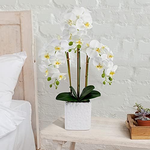 RENATUHOM Artificial Orchid Plant Silk Flowers 22in White Orchid Flower Fake Orchid Artificial Flowers In Vase Artificial Plants Indoor Bedroom Bathroom Kitchen Decor Home Office Table Centrepiece