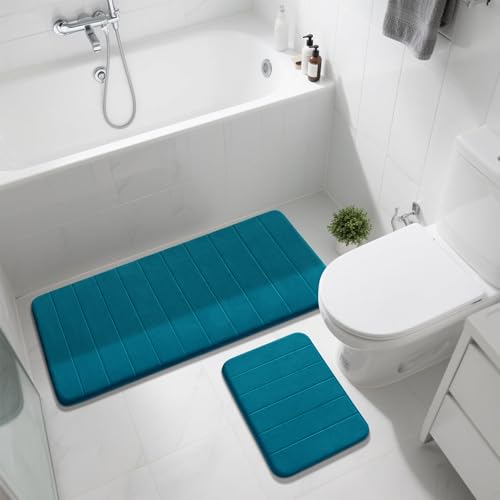 Image of Yimobra 2 Pieces Memory Foam Bath Mat Sets, 17x24+44.1x24 Inches for Bathroom Rugs, Toilet Mats, Non-Slip, Soft Comfortable, Water Absorption, Machine Washable, Peacock Blue