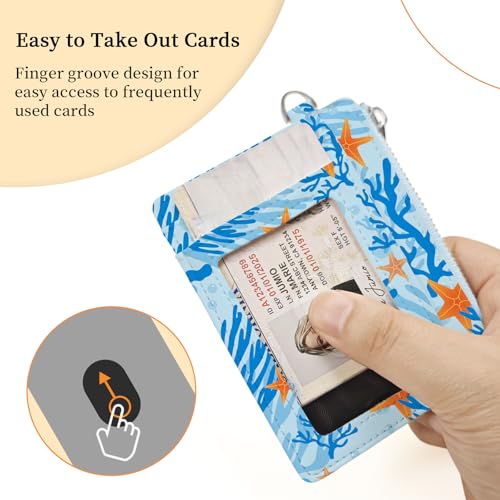Image of Hancynir Ocean Sea Starfish Slim Wallet Women Credit Card Holder RFID Small | Zipper Pocket Wallet, Thin Travel Coin Purse, Ladies Women Gifts, Minimalist Card Case, 6 Card Slots, ID Window, PU Leather