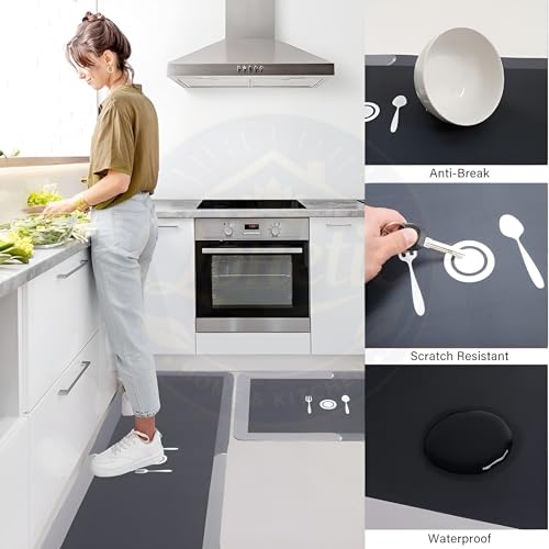 Image of QONETIC 2 Pcs Kitchen Mats Set - Waterproof Memory Foam Anti-Fatigue Mat Non-Slip Rug for Kitchen, Sink, Laundry & Home Office - 120x40 cm + 40x60 cm