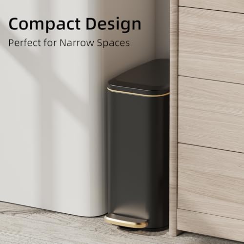 KUK Slim Bathroom Trash Can with Lid, 1.6 Gal / 6L Stainless Steel Small Garbage Bin with Detachable Inner Bucket, Step Pedal, Silent Close, Wastebasket for Toilet, Bedroom, Home, Office (Black) by KUK - Image 3