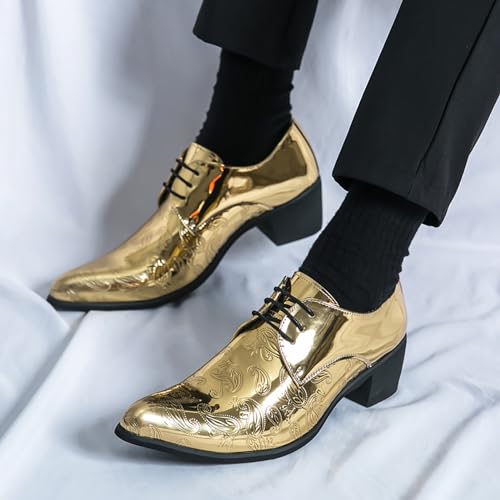 Men's Printing Pointed-Toe Patent Leather Derby Oxford Shoes,Classic Lace-up Low Top Block High Heel Fashion Slip on Prom Business Wedding Dress Shoes4