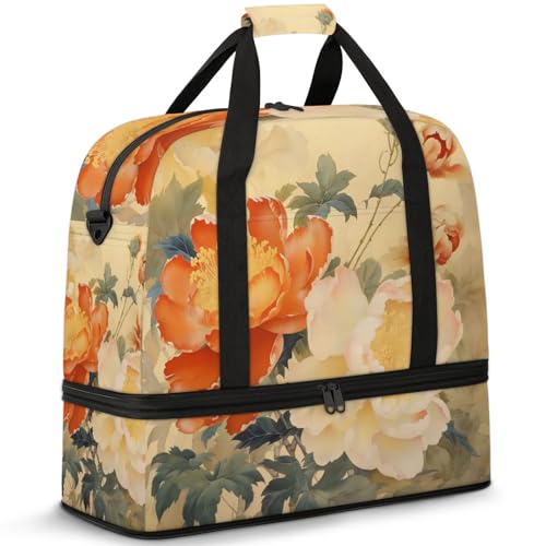 Large Weekender Overnight Bags Ethnic Flower Peony Travel Duffel Bag for Women Men Gym Bag With Shoe Compartment Foldie Travel Tote Bag Carry On Personal Item Bag for Travel Gym Sports