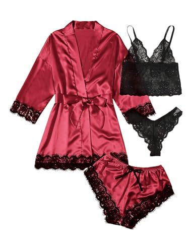 Image of SOLY HUX Women's Satin Pajama Set with Lace Trim - 4-Piece Sleepwear & Robe