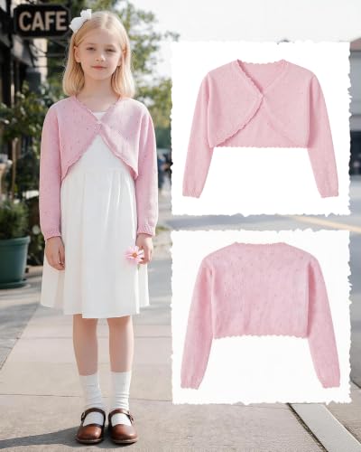 Image of Girls Cardigan, Girls Bolero Shrug Sweater, Kids Knit Hollow Out Long Sleeve, Button Cover Up Cropped Tops