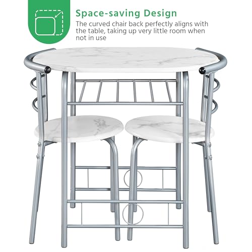 Yaheetech Essgruppe für 2 Personen, 1 Esstisch mit 2 Stühle, Küchentisch mit Ablagefach, Stahlgestell Tischgruppe für Küche, Wohnzimmer, Balkon, Restaurant, 80 x 53 x 75,5 cm, Weiß