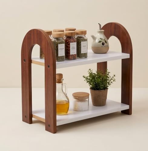 Image of FireBees 2 tier kitchen counter organiser | wooden kitchen organizer rack | spice rack | kitchen stand organiser | masala organizer rack | aesthetic kitchen items | container rack 33 x 16 x 25 cm