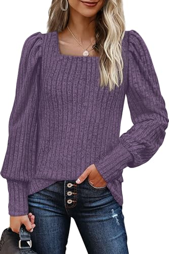 Image of WIHOLL Long Sleeve Shirts for Women Trendy Casual Square Neck Tops Lightweight Sweaters