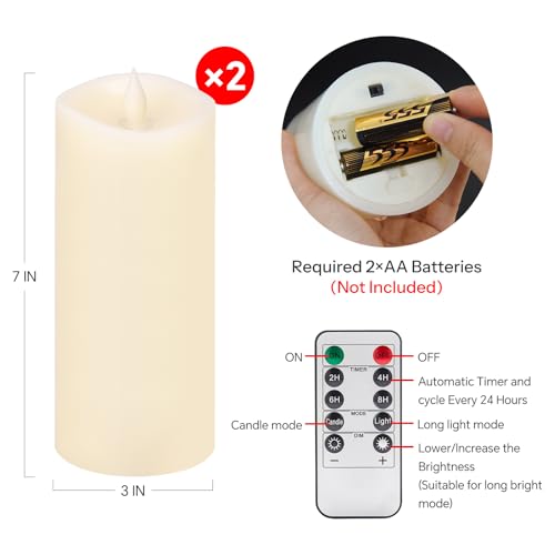 Image of 2PCS, 3 x 7 inches Flameless Candle with Remote Control, 3D Flickering Wick, Real Wax, Battery Candles,with Timer,Battery Powered Candles,for Holiday Home Decor,Ivory