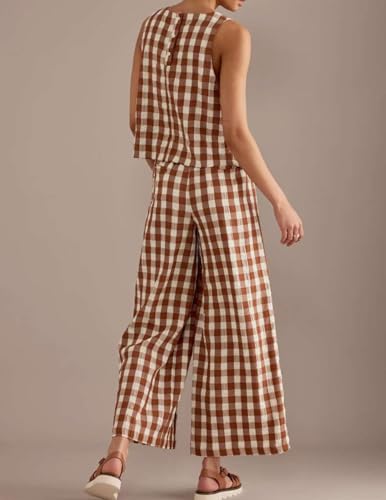Womens 2 Piece Outfits Gingham Set Summer Cotton Plaid Pajamas Y2k Sleeveless Top Summer Wide Leg Pants Matching4