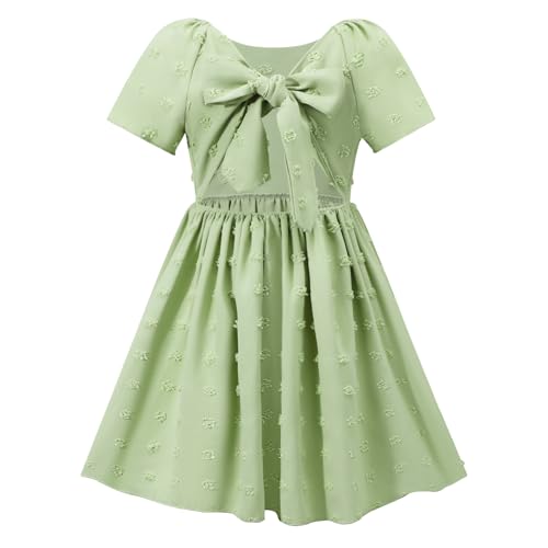 Image of HILEELANG Girls Summer Dress Bow Tie Back A-Line Party Dress for Little Big Girls Short Sleeve Dress with Lining 6-12 Years