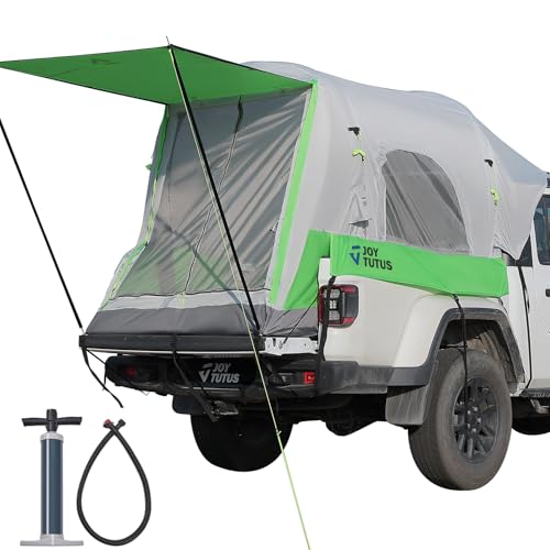 JOYTUTUS Inflatable Truck Bed Tent 5.0FT with Awning, Includes Air Pump for Quick 30 S Setup, Dual-use Pickup or Camping Tent for 2 Person, Waterproof Roof Shade and 3 Windows, Gray Green