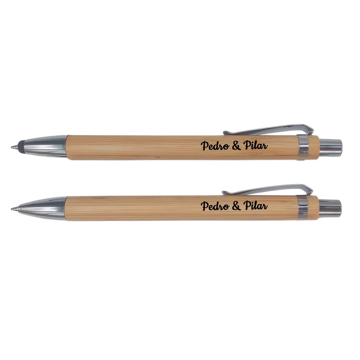 DEREGALOOS Personalised Bamboo Pen and Mechanical Pencil Set, Blue Writing and 0.7 mm Leads, Imitation Wood Case, Colour Printing Name or Initials, Elegant Office Gift