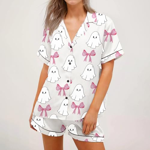 RUIWANBBY Women's Halloween Silk Pajamas Sets Ghost Pumpkin Print Button Up Shirt and Shorts Sleepwear 2 Piece Satin Pjs Sets (Lvory, S) - Image 4