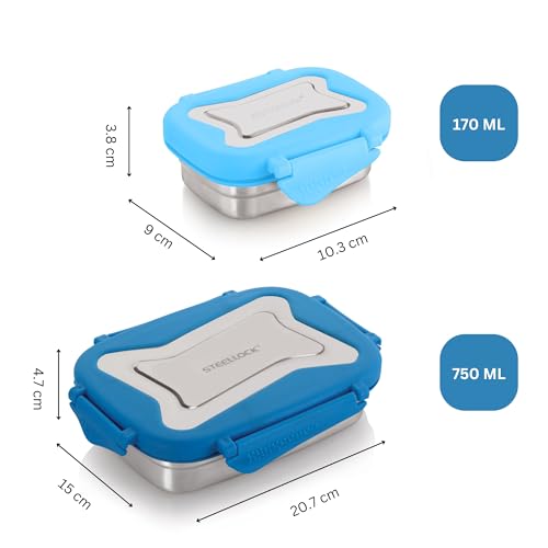 Image of STEELLOCK Smart Stainless Steel Tiffin Lunch Box for Kids and Adults 2pc Set | Airtight & Leakproof | Rectangle Combo for School & Office with Steel Lid | (1pc - 750ml & 1pc - 170ml) Blue
