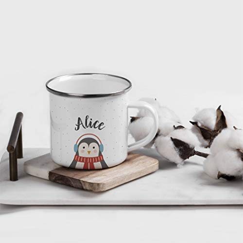 Andaz Press Personalized 11Oz. Christmas Hot Chocolate Stainless Steel Campfire Coffee Mug Gift, Penguin, 1-Pack, Custom Name Enamel Metal Camp Cup For Him Her, Includes Gift Box #TOP1