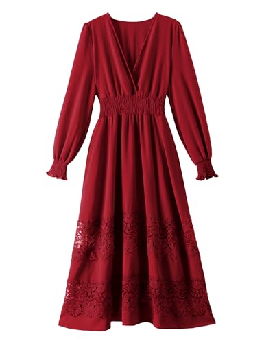 Image of Olaesa Long Sleeve Boho Maxi Dress for Women Lace Wedding Guest Dress | Spring Fall Bohemian Dress, Long Flowy Family Photo Dress with Pockets, V Neck Long Western Vacation Outfits