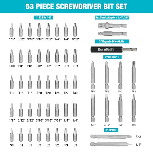 Duratech 53-Piece Screwdriving Bit Set With Tough Case, S2 Steel Screwdriving Set With 3 Inch Magnetic Drive Guide, 1", 2 Inch & 3 Inch Long Screwdriver Bit Assorted Set For Drill Drivers thumb #1