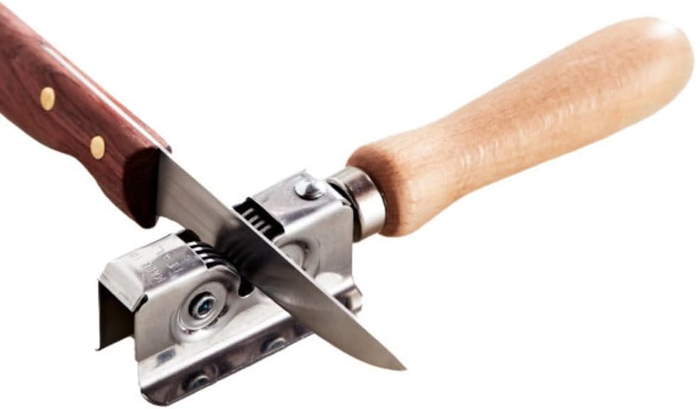 Knife Sharpener - Handheld Manual Sharpening Tool for Fixed Blades, Pocketknives, and Kitchen Knives - Blade Sharpener with Rotating Steel Sharpening Discs and Bubinga Handle by Kings County Tools