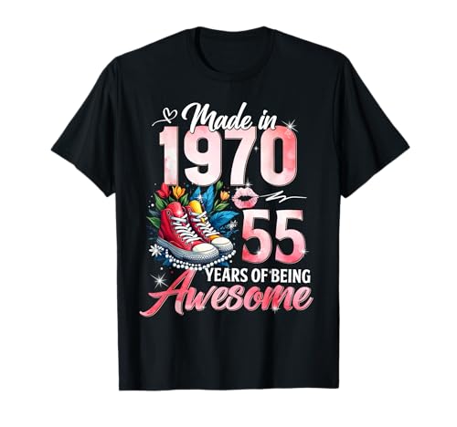 55th Birthday Queen Made in 1970 Gifts 55 Years Old Floral Camiseta