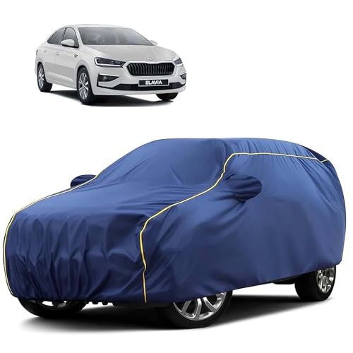 Image of Sulfar 100% Water Resistant Car Body Cover Compatible with Mirror for Skoda Slavia (Triple Stitched, Full Bottom Elastic, Blue Tafetta with Yellow Piping)