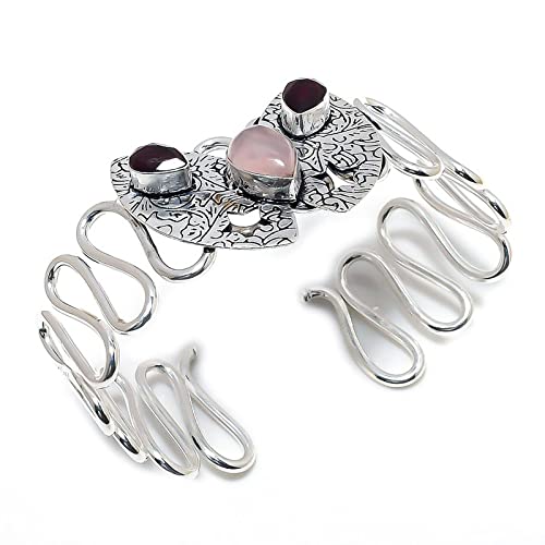 Bracelet à quartz rose en argent sterling fabriqué à la main et ajustable