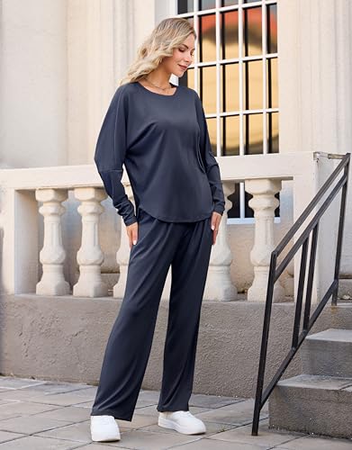 difficort Womens 2 Piece Outfits Batwing Sleeve Lounge Sets Wide Leg Loungewear Workout Sets with Pockets3