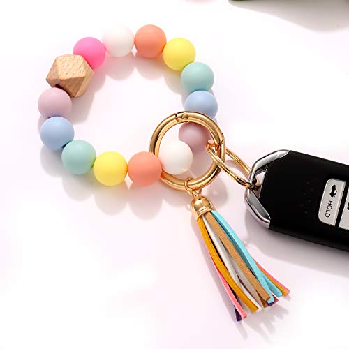 Nvenf Silicone Bead Keychain Bracelet Large Keyring Elastic House Car Key Ring Wristlet Bangles(Rainbow) #TOP3